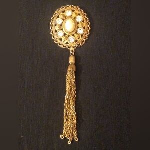 Victorian Elegant large vintage Brass  tone Pearl Rhinestone Long Tassel Brooch